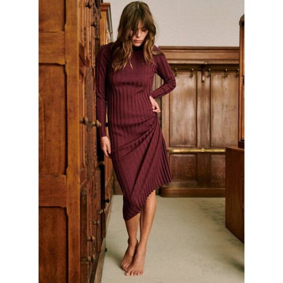 EUC Sezane Katrina Merino Wool Ribbed Mock Neck Midi Dress Burgundy Medium - Picture 1 of 8
